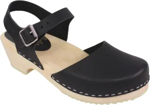 Swedish Low Wood Clog Sandal for Women | Low Heel Mary Jane Style Wooden Clogs Handcrafted in Sweden | Alder Wood Base and Natural Leather | Black