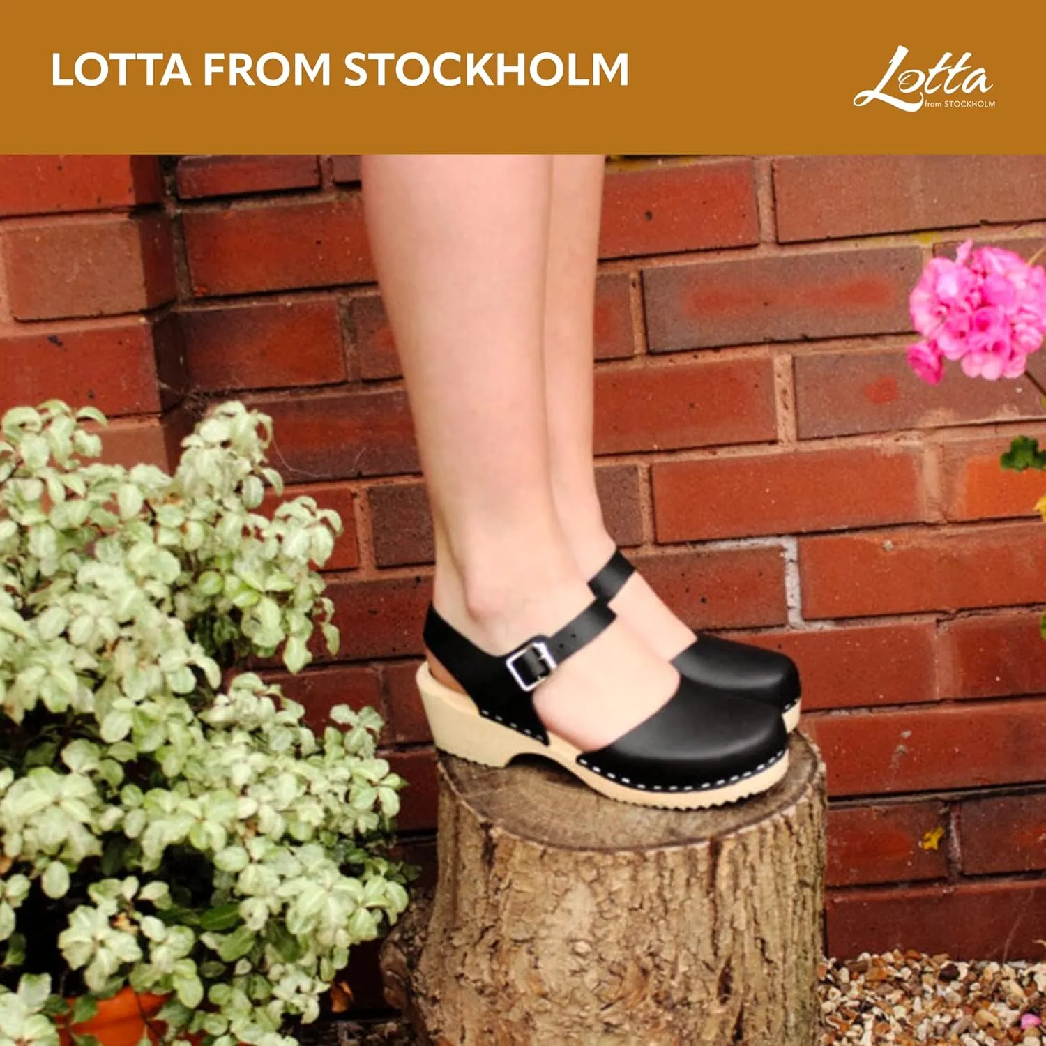 Swedish Low Wood Clog Sandal for Women | Low Heel Mary Jane Style Wooden Clogs Handcrafted in Sweden | Alder Wood Base and Natural Leather | Black