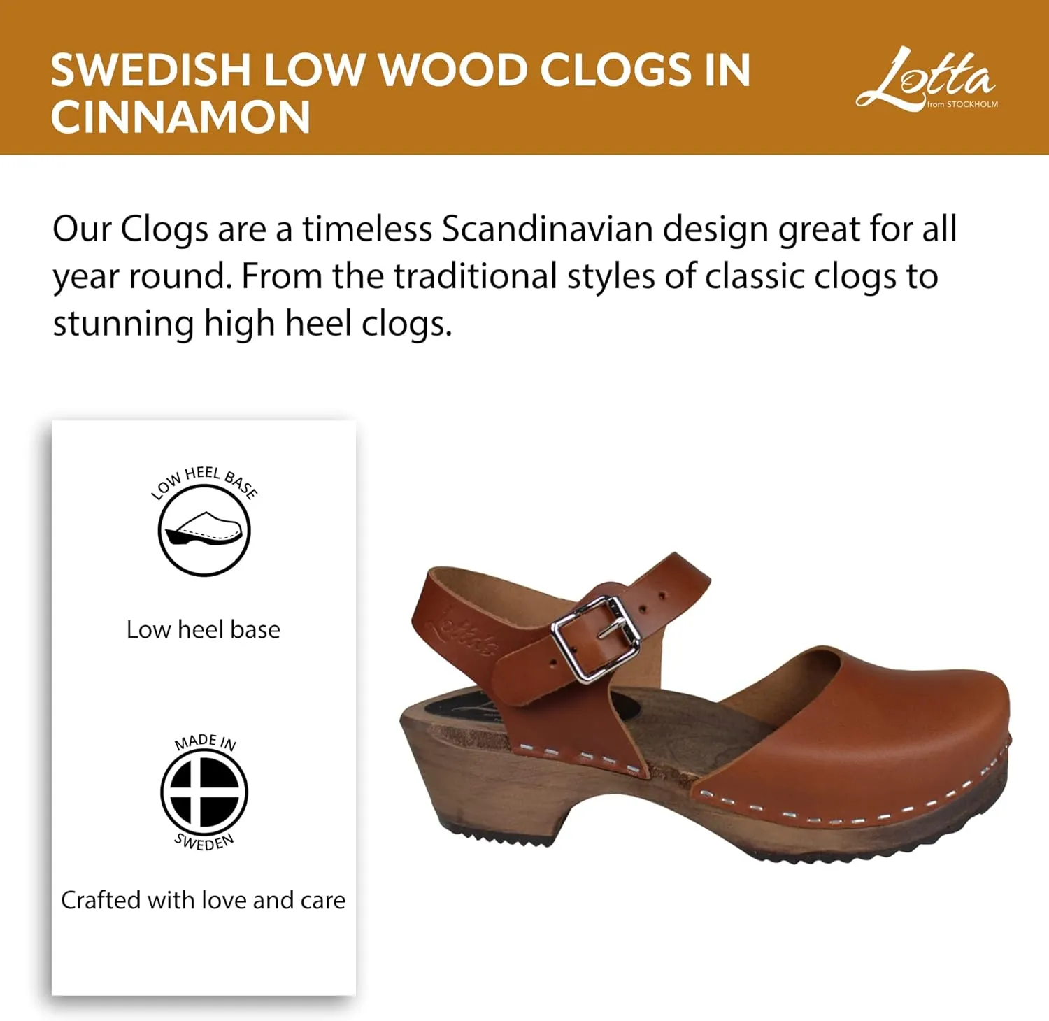 Swedish Low Wood Clog Sandal for Women | Low Heel Mary Jane Style Wooden Clogs Handcrafted in Sweden | Brown Alder Wood Base and Natural Leather | Cinnamon