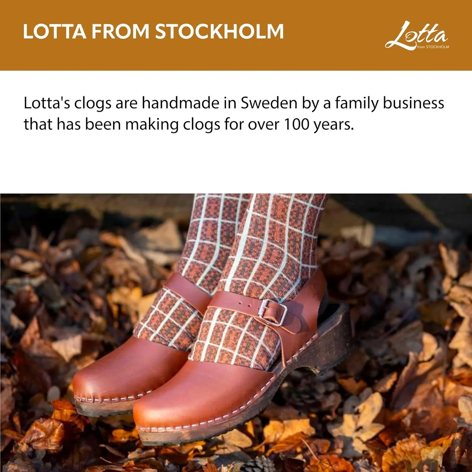 Swedish Low Wood Clog Sandal for Women | Low Heel Mary Jane Style Wooden Clogs Handcrafted in Sweden | Brown Alder Wood Base and Natural Leather | Cinnamon