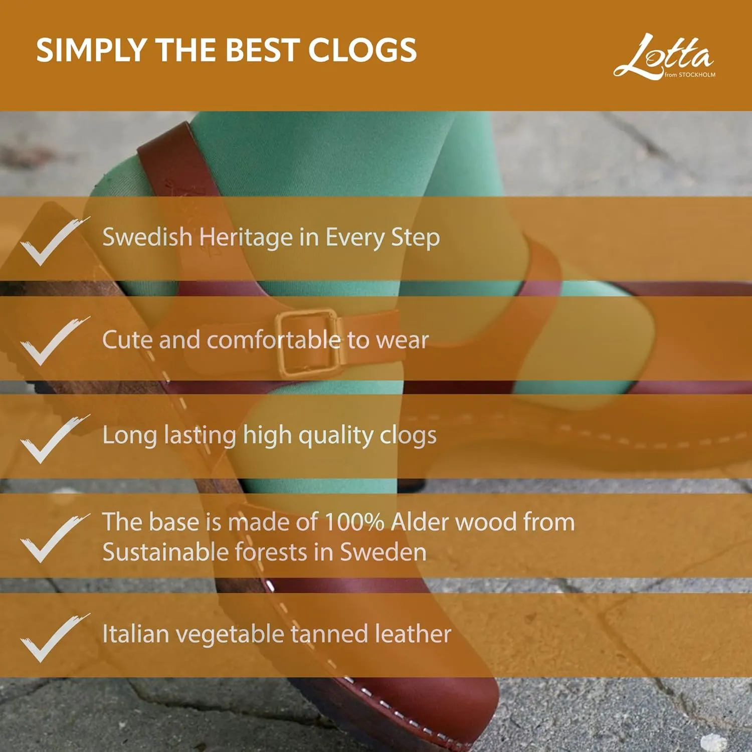 Swedish Low Wood Clog Sandal for Women | Low Heel Mary Jane Style Wooden Clogs Handcrafted in Sweden | Brown Alder Wood Base and Natural Leather | Cinnamon