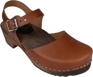 Swedish Low Wood Clog Sandal for Women | Low Heel Mary Jane Style Wooden Clogs Handcrafted in Sweden | Brown Alder Wood Base and Natural Leather | Cinnamon