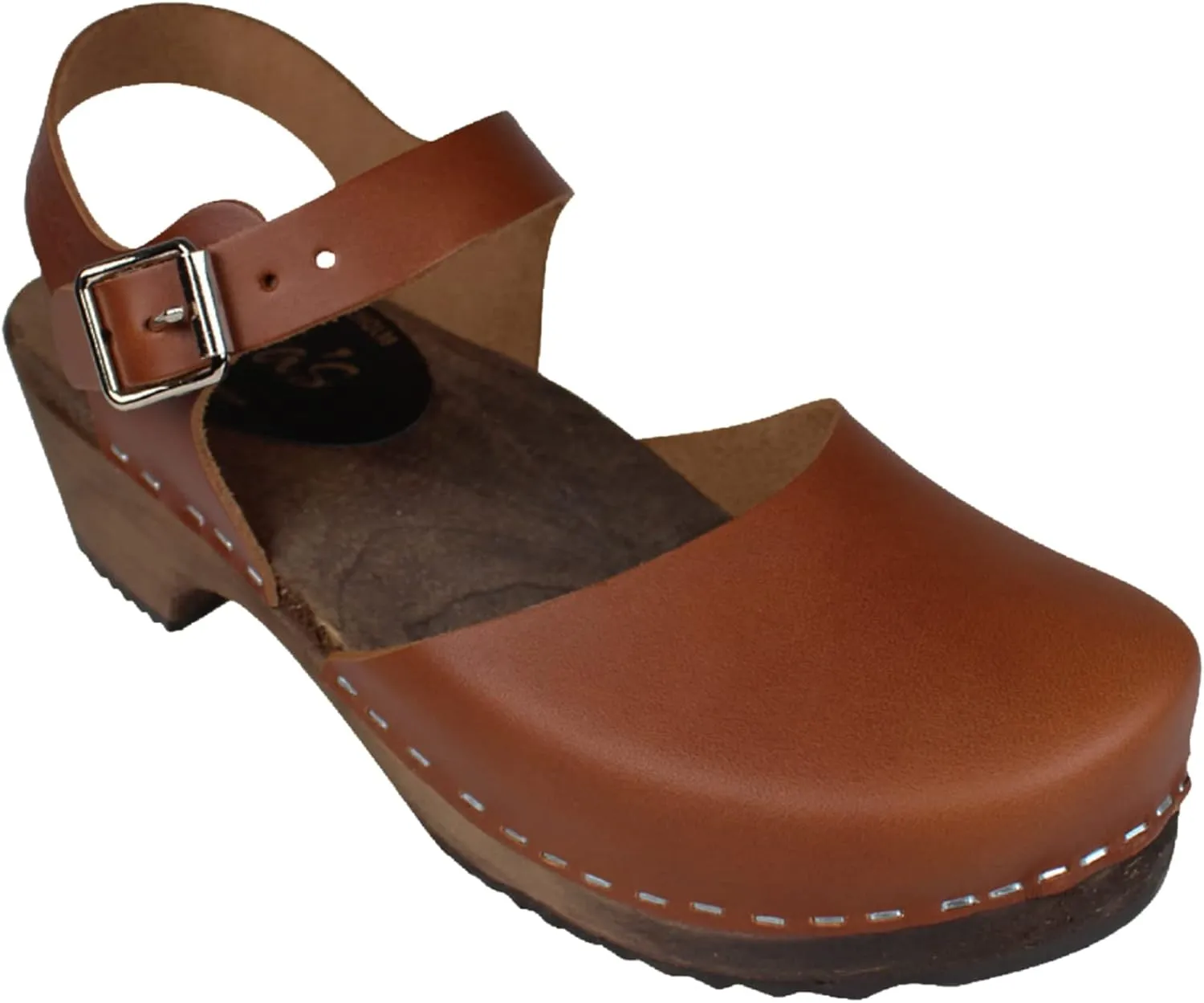 Swedish Low Wood Clog Sandal for Women | Low Heel Mary Jane Style Wooden Clogs Handcrafted in Sweden | Brown Alder Wood Base and Natural Leather | Cinnamon
