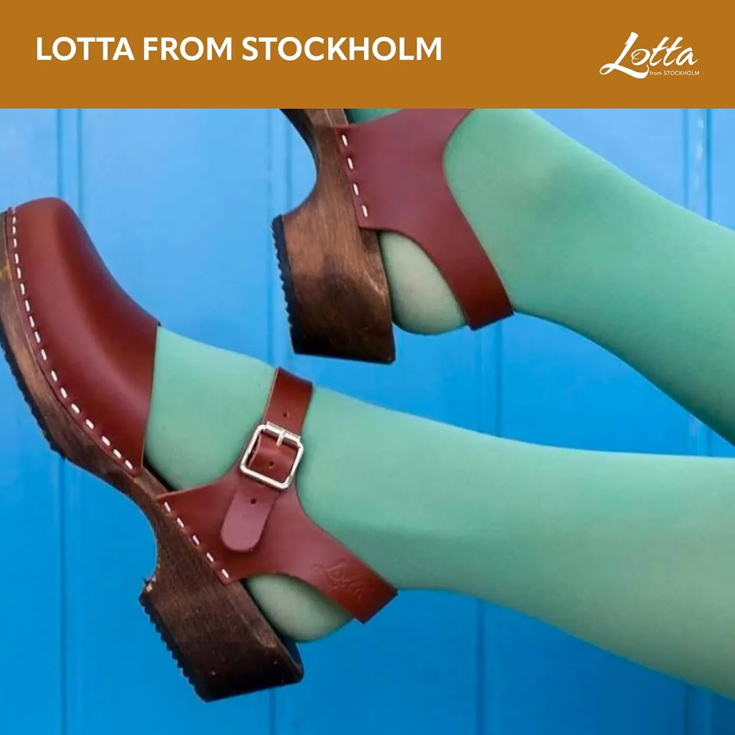 Swedish Low Wood Clog Sandal for Women | Low Heel Mary Jane Style Wooden Clogs Handcrafted in Sweden | Brown Alder Wood Base and Natural Leather | Cinnamon