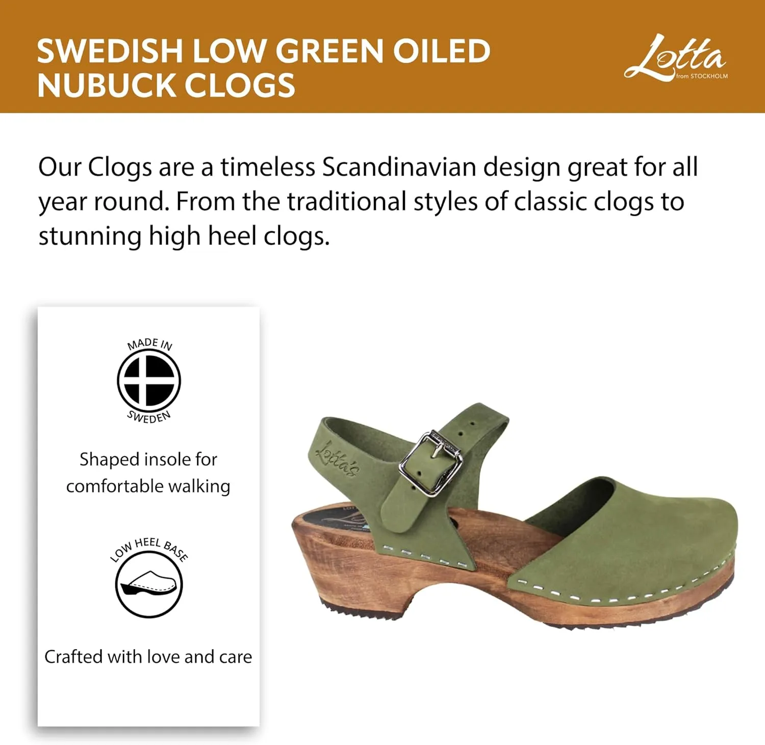 Swedish Low Wood Clog Sandal for Women | Low Heel Mary Jane Style Wooden Clogs Handcrafted in Sweden | Brown Alder Wood Base and Oiled Nubuck Leather | Green
