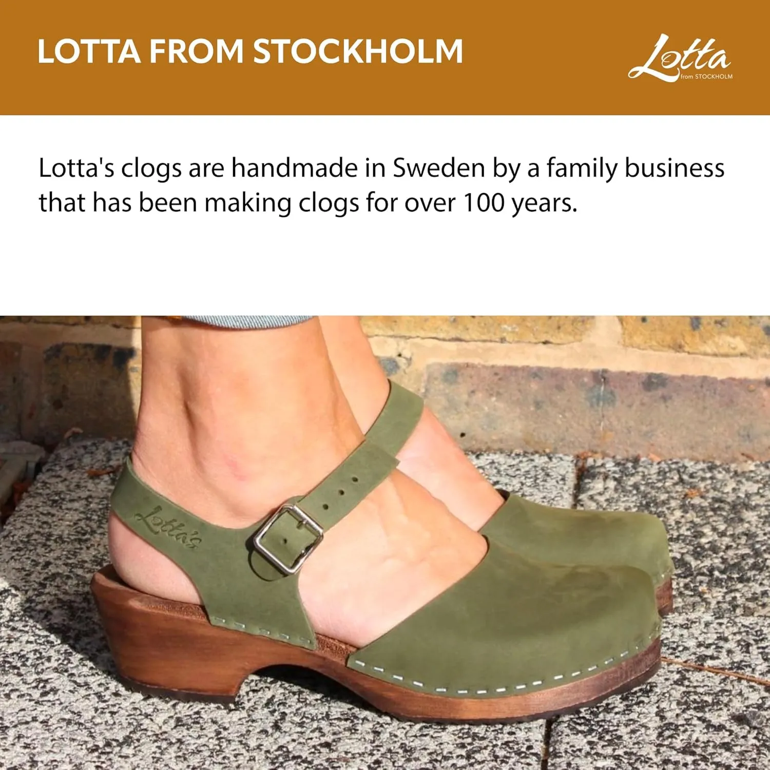 Swedish Low Wood Clog Sandal for Women | Low Heel Mary Jane Style Wooden Clogs Handcrafted in Sweden | Brown Alder Wood Base and Oiled Nubuck Leather | Green