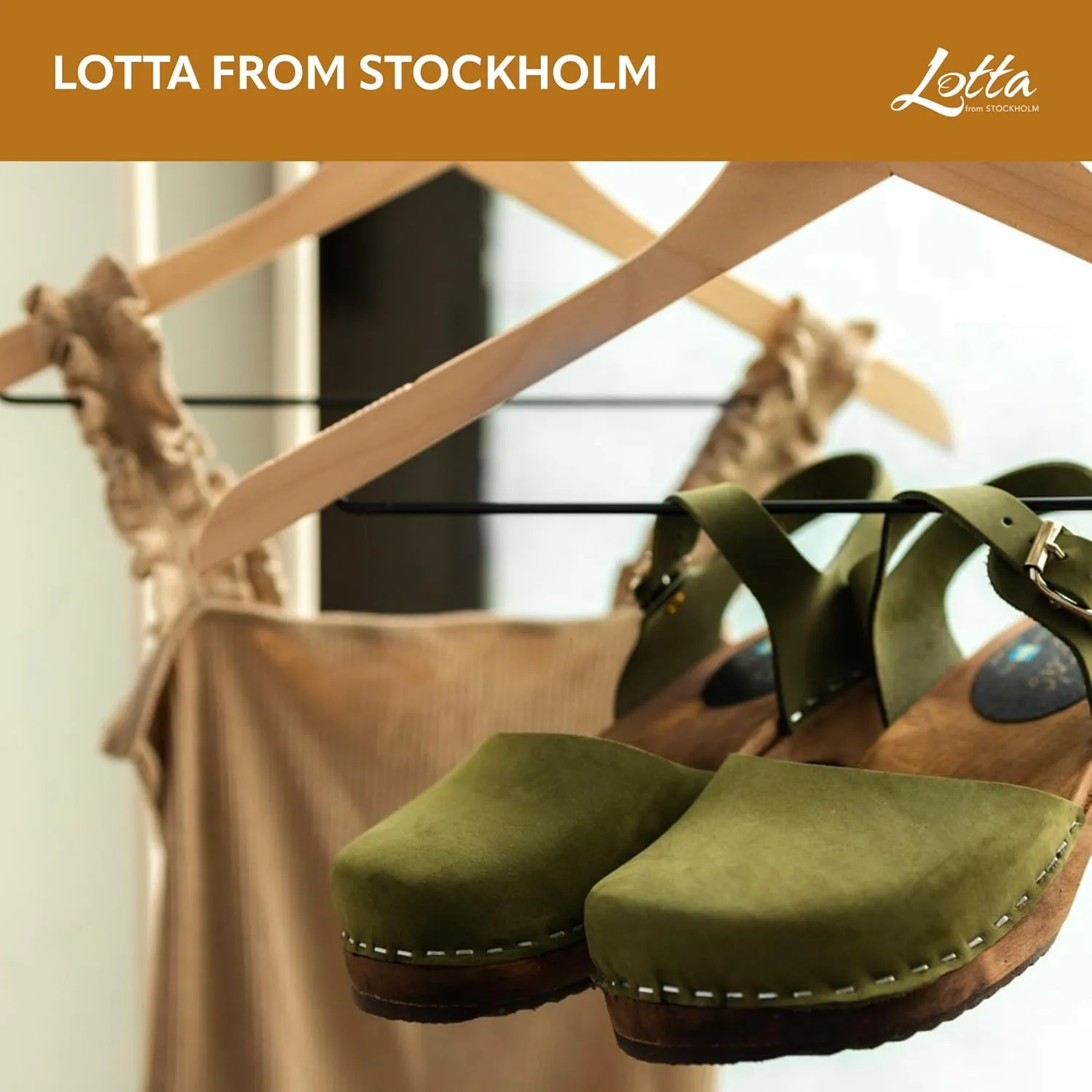 Swedish Low Wood Clog Sandal for Women | Low Heel Mary Jane Style Wooden Clogs Handcrafted in Sweden | Brown Alder Wood Base and Oiled Nubuck Leather | Green