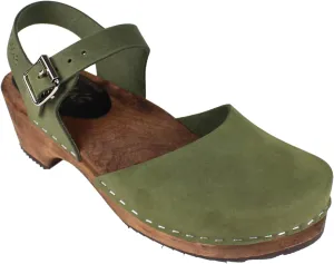 Swedish Low Wood Clog Sandal for Women | Low Heel Mary Jane Style Wooden Clogs Handcrafted in Sweden | Brown Alder Wood Base and Oiled Nubuck Leather | Green