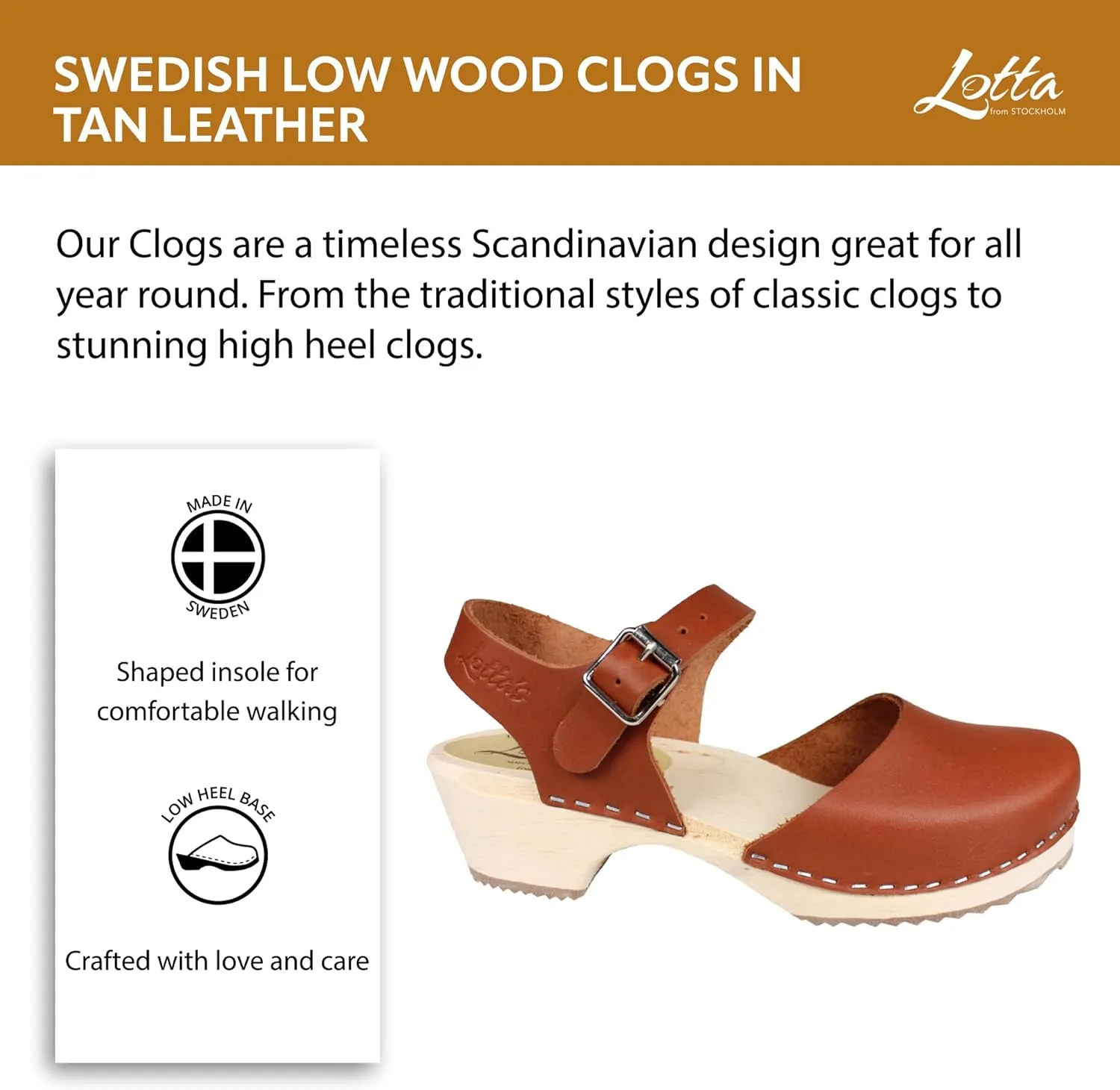 Swedish Low Wood Clog Sandal for Women | Low Heel Mary Jane Style Wooden Clogs Hanmade in Sweden | Alder Wood Base and Natural Leather | Tan