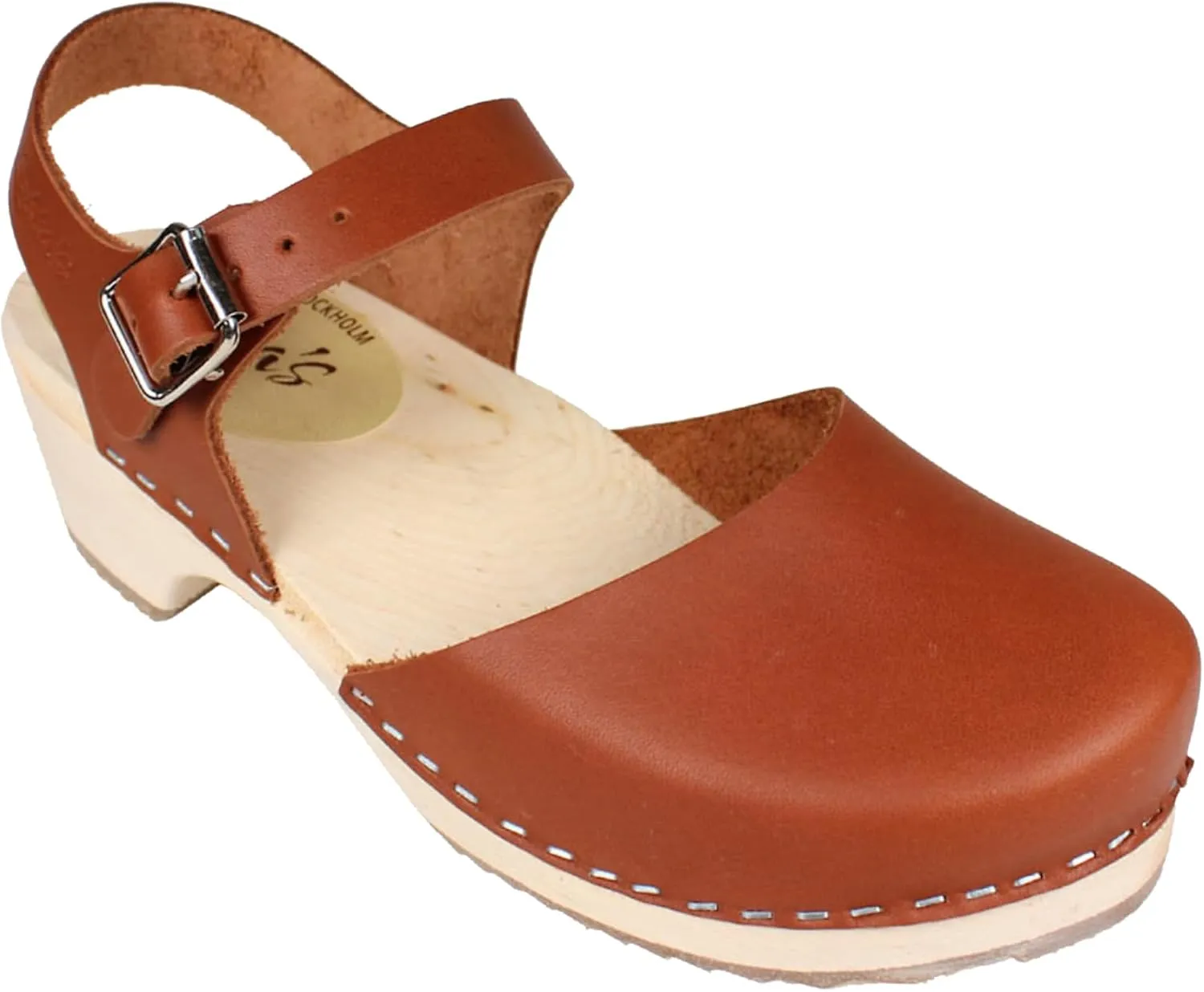 Swedish Low Wood Clog Sandal for Women | Low Heel Mary Jane Style Wooden Clogs Hanmade in Sweden | Alder Wood Base and Natural Leather | Tan