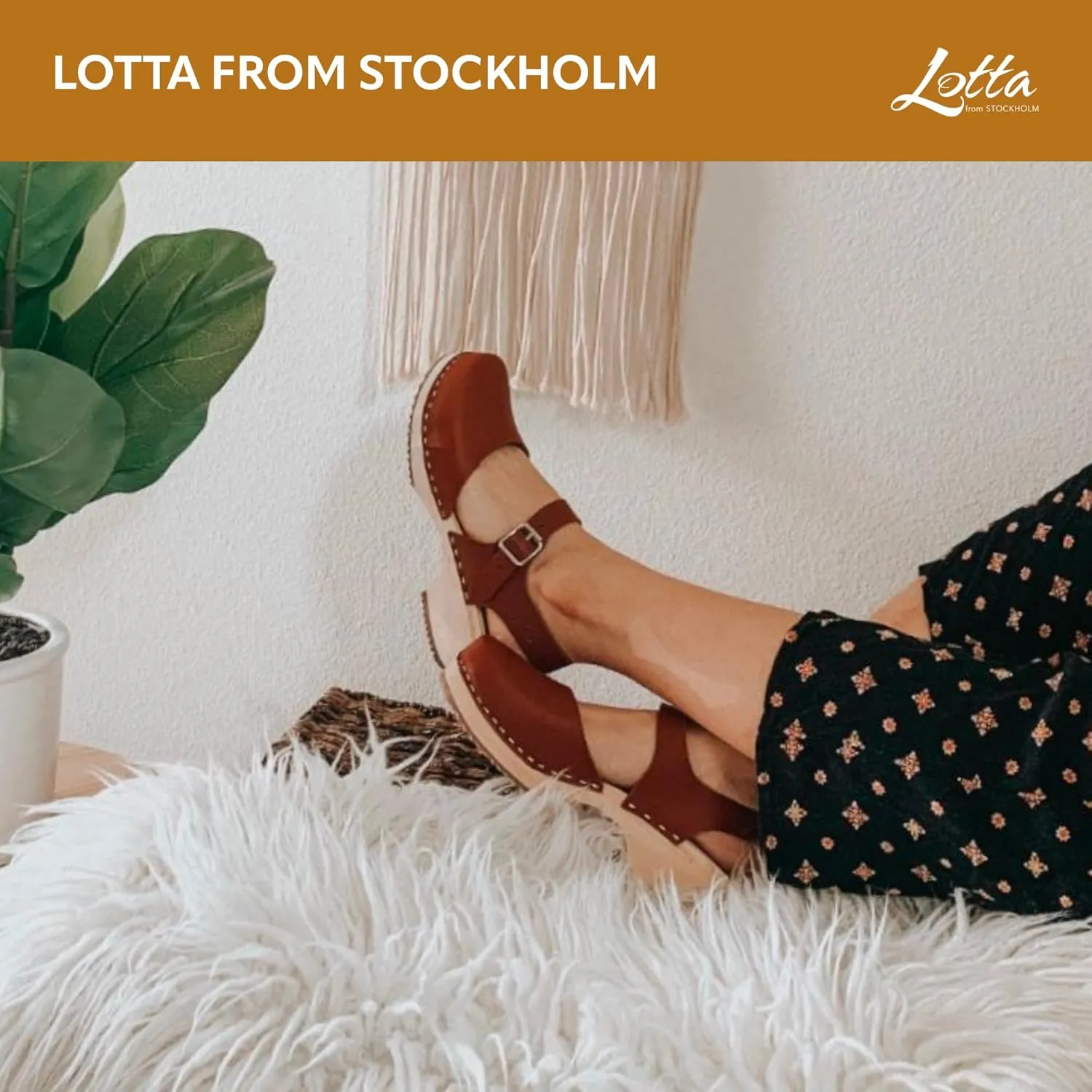 Swedish Low Wood Clog Sandal for Women | Low Heel Mary Jane Style Wooden Clogs Hanmade in Sweden | Alder Wood Base and Natural Leather | Tan