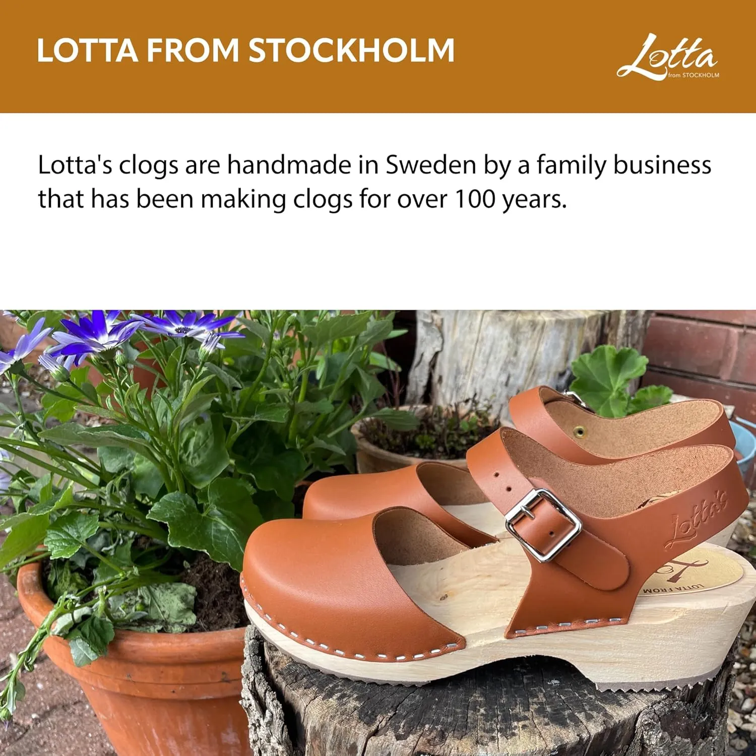 Swedish Low Wood Clog Sandal for Women | Low Heel Mary Jane Style Wooden Clogs Hanmade in Sweden | Alder Wood Base and Natural Leather | Tan