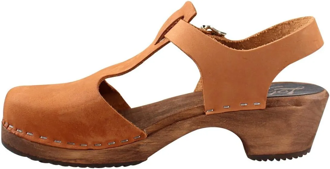 Swedish Low Wood T-Bar Sandal Clog I Women's Low Heel Clog Shoes on Brown Base I Alder Wooden Base with a Pronounced Arch Support I Brown Oiled Nubuck Leather