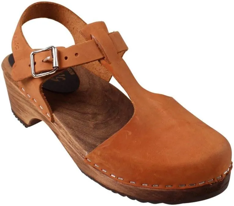Swedish Low Wood T-Bar Sandal Clog I Women's Low Heel Clog Shoes on Brown Base I Alder Wooden Base with a Pronounced Arch Support I Brown Oiled Nubuck Leather