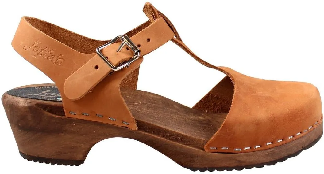 Swedish Low Wood T-Bar Sandal Clog I Women's Low Heel Clog Shoes on Brown Base I Alder Wooden Base with a Pronounced Arch Support I Brown Oiled Nubuck Leather