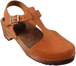 Swedish Low Wood T-Bar Sandal Clog I Women's Low Heel Clog Shoes on Brown Base I Alder Wooden Base with a Pronounced Arch Support I Brown Oiled Nubuck Leather