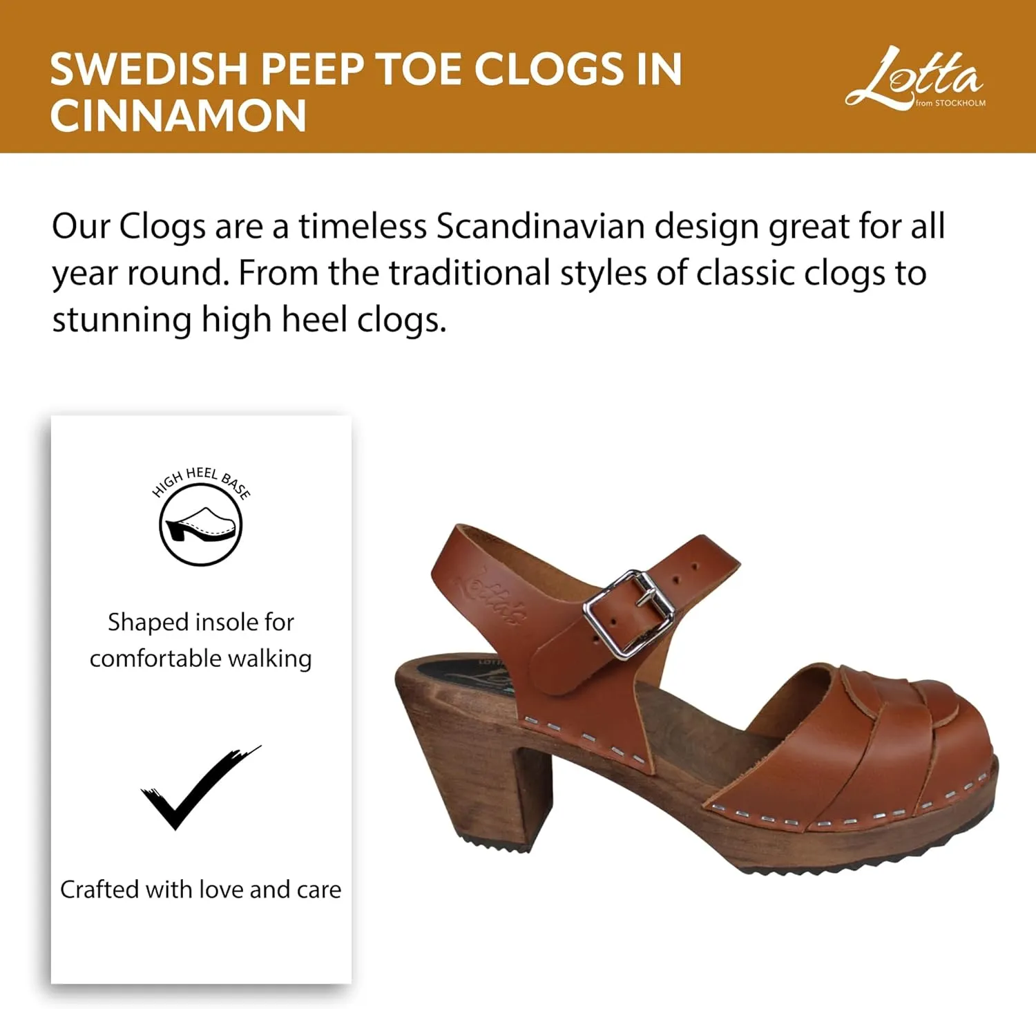Swedish Peep Toe Clog Sandal for Women | Comfortable and Stylish High Heel Open Toe Wooden Clog Handcrafted in Sweden | Brown Alder Wood Base and Real Leather | Cinnamon