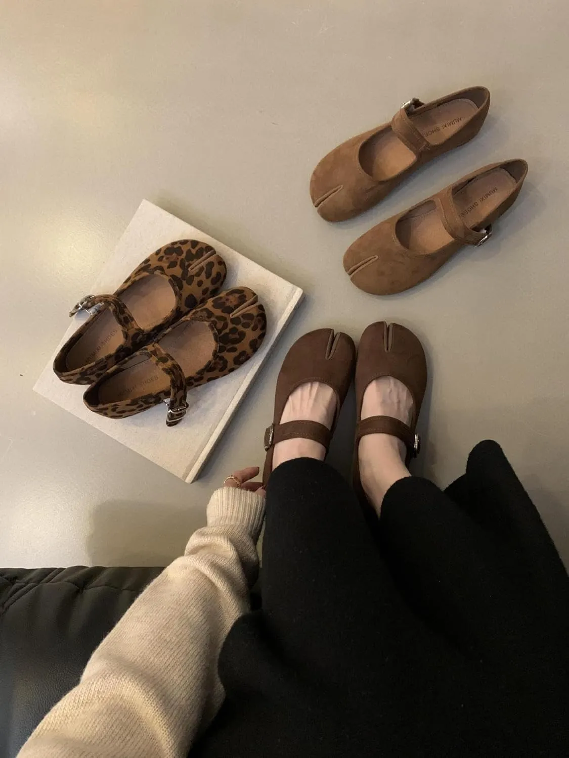 Tabi Shoes Mary Jane Leopard Flats for Women Split Toe Wide Width with Straps Buckles Breathable Comfortable Casual Round Toe Low Heel Retro Sandals Dress Spring Summer Fall Office Indoors Outdoors