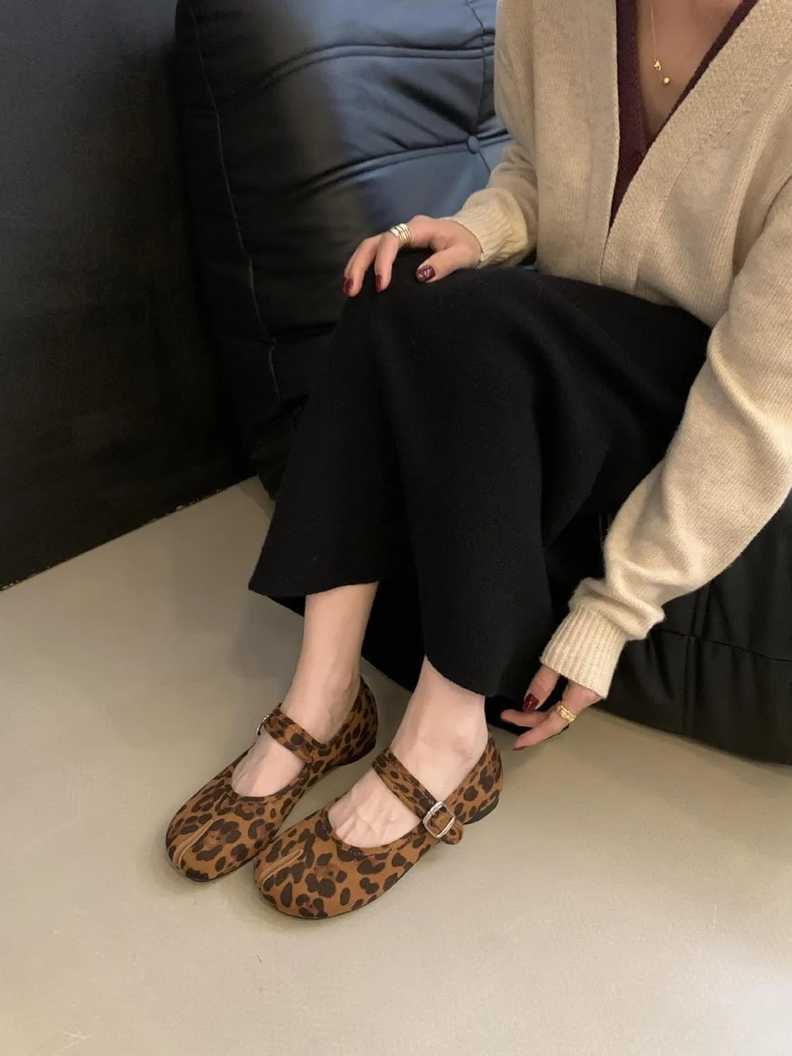 Tabi Shoes Mary Jane Leopard Flats for Women Split Toe Wide Width with Straps Buckles Breathable Comfortable Casual Round Toe Low Heel Retro Sandals Dress Spring Summer Fall Office Indoors Outdoors