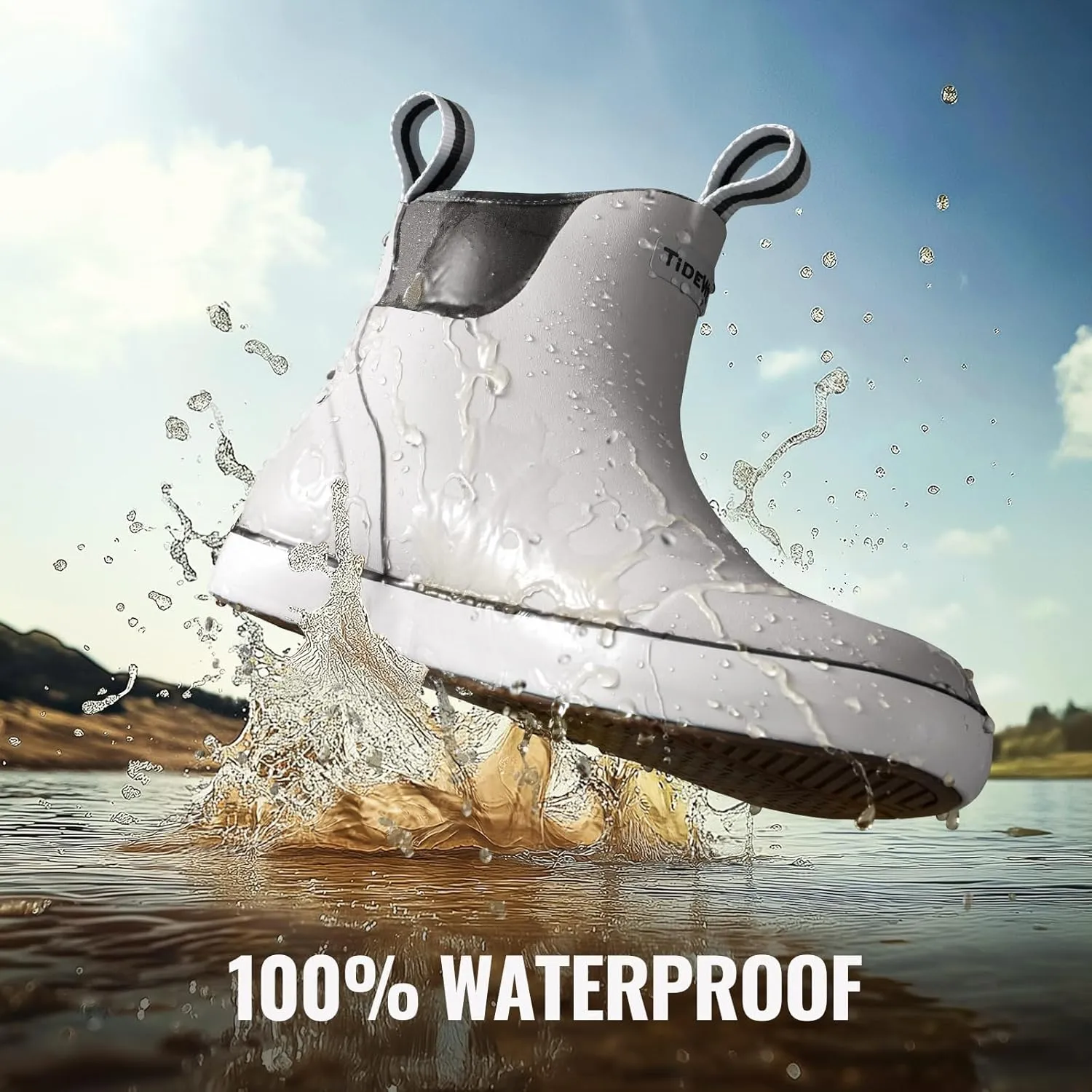 TIDEWE Deck Boots for Men, Waterproof Fishing Boots, Slip On Neoprene Rubber Ankle Rain Boots for Boating (Black Orange, Light Grey & Grey Brown, Size 7-14)