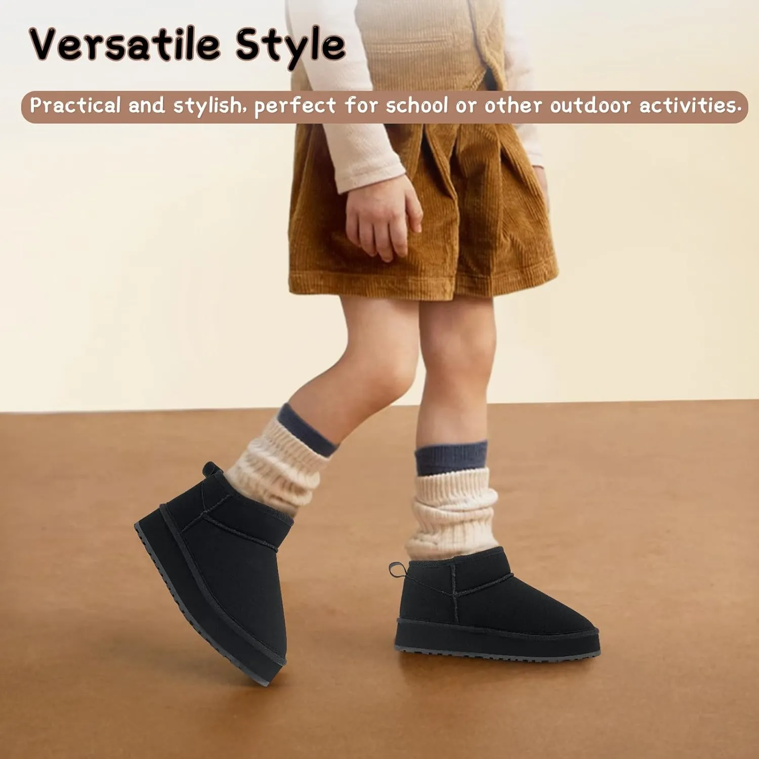 Toddler Girls Classic Ultra Mini Platform Boots, Anti-Slip Lightweight Fall Winter Ankle Snow Kids Boots Warm Faux-Fur Lined Indoor Outdoor