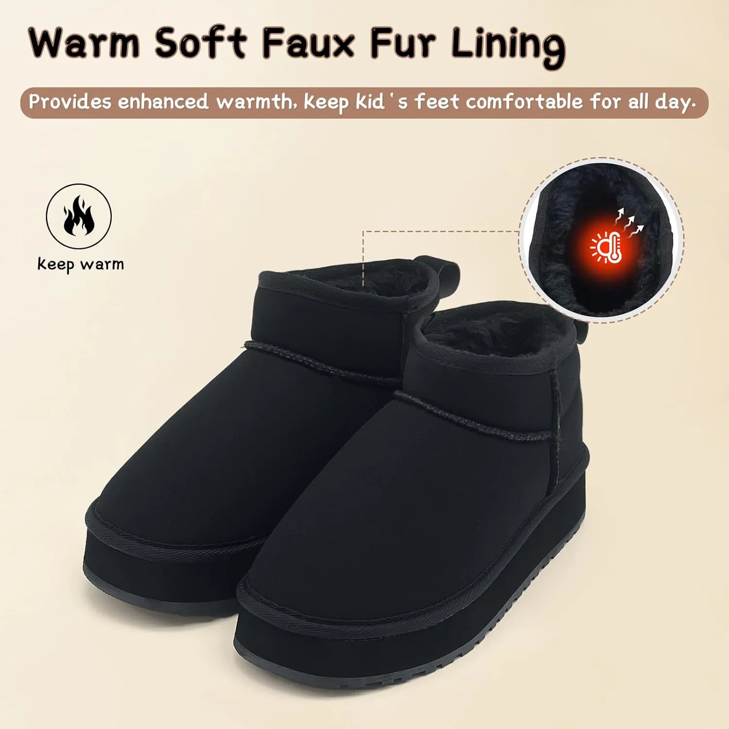 Toddler Girls Classic Ultra Mini Platform Boots, Anti-Slip Lightweight Fall Winter Ankle Snow Kids Boots Warm Faux-Fur Lined Indoor Outdoor
