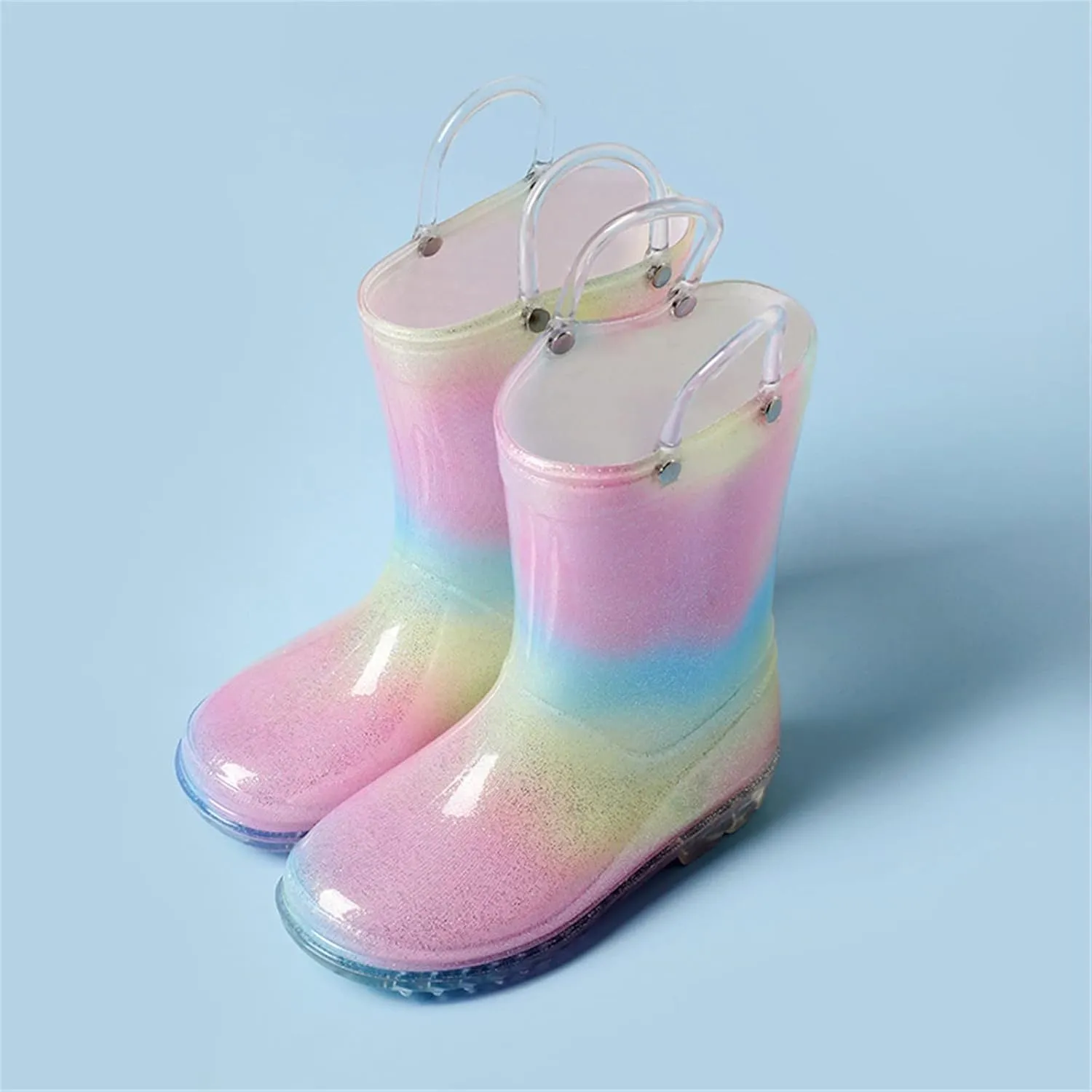 Toddler Kids Glitter Light Up Rain Boots for Girls Rainbow Rain Shoes&Solid Color Boots with Easy Leather Lace up Boots (A, 9 Toddler)