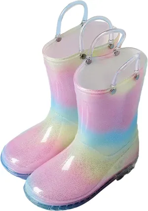 Toddler Kids Glitter Light Up Rain Boots for Girls Rainbow Rain Shoes&Solid Color Boots with Easy Leather Lace up Boots (A, 9 Toddler)