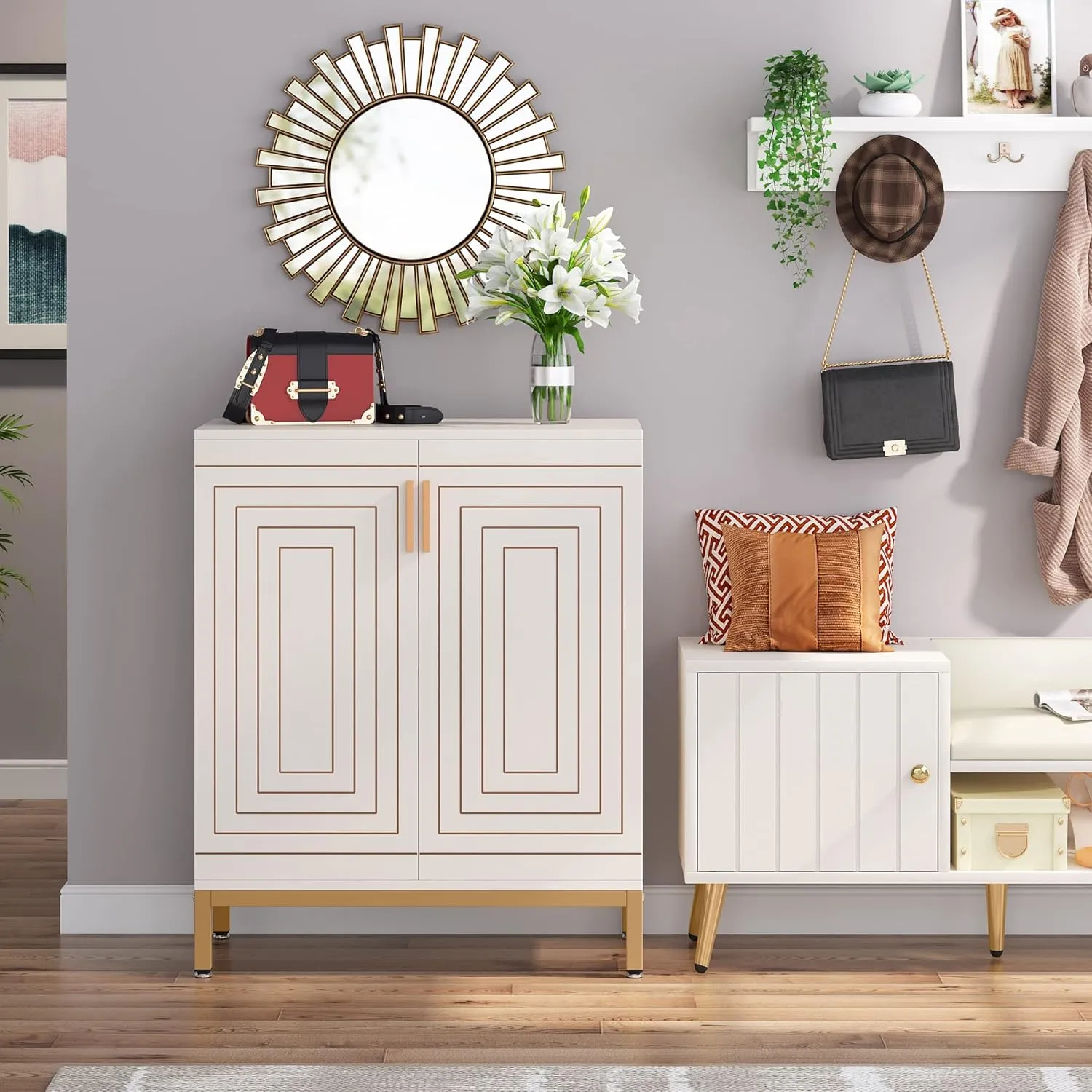 Tribesigns Shoe Cabinet with Doors, 20 Pairs Entryway Shoe Storage Cabinet with Shelves, 5-Tier Modern Free Standing Shoe Racks Storage Organizer for Closet, Living Room, Bedroom (White/Gold)