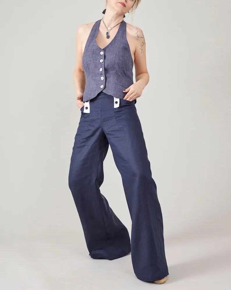 Trousers, Core Pants Waist Style, for Multi-functional Deep High Flare Fisherman Blue – Women Modern design Resort Coastal Aesthetic Sailor Linen