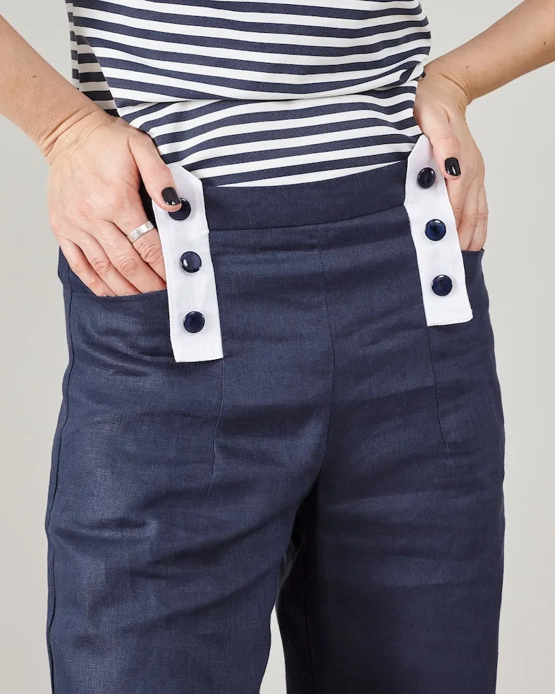 Trousers, Core Pants Waist Style, for Multi-functional Deep High Flare Fisherman Blue – Women Modern design Resort Coastal Aesthetic Sailor Linen