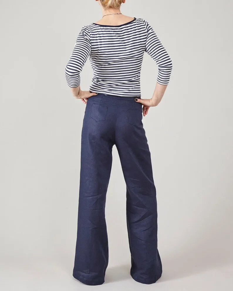 Trousers, Core Pants Waist Style, for Multi-functional Deep High Flare Fisherman Blue – Women Modern design Resort Coastal Aesthetic Sailor Linen
