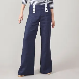 Trousers, Core Pants Waist Style, for Multi-functional Deep High Flare Fisherman Blue – Women Modern design Resort Coastal Aesthetic Sailor Linen