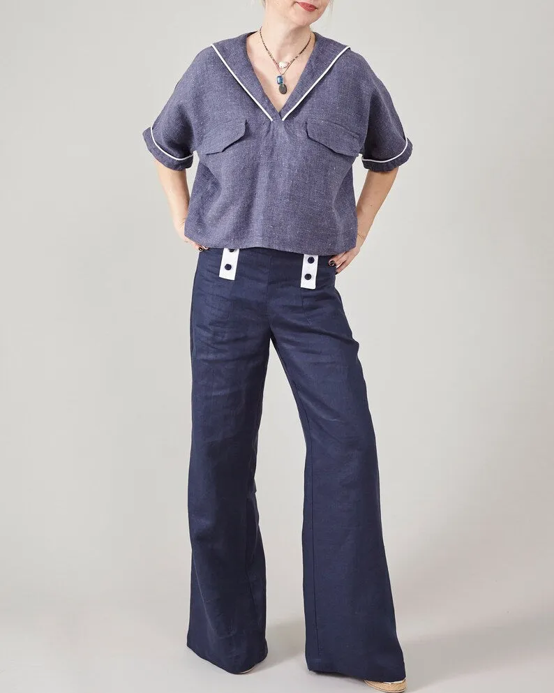 Trousers, Core Pants Waist Style, for Multi-functional Deep High Flare Fisherman Blue – Women Modern design Resort Coastal Aesthetic Sailor Linen