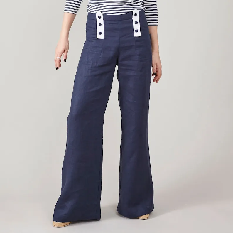 Trousers, Core Pants Waist Style, for Multi-functional Deep High Flare Fisherman Blue – Women Modern design Resort Coastal Aesthetic Sailor Linen