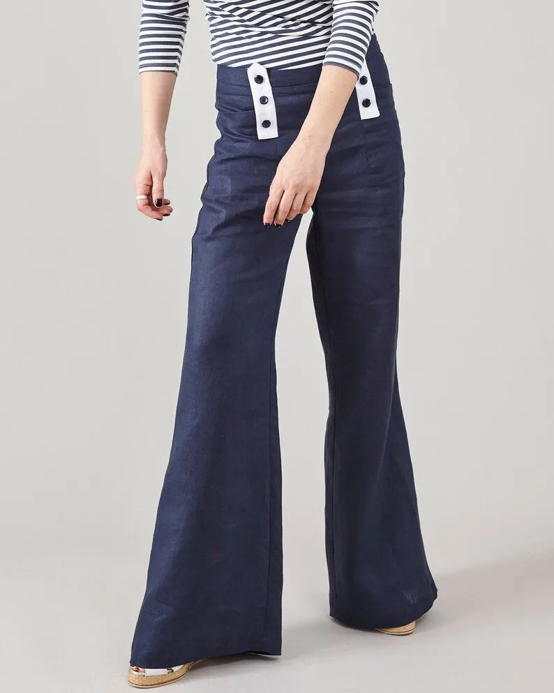 Trousers, Core Pants Waist Style, for Multi-functional Deep High Flare Fisherman Blue – Women Modern design Resort Coastal Aesthetic Sailor Linen