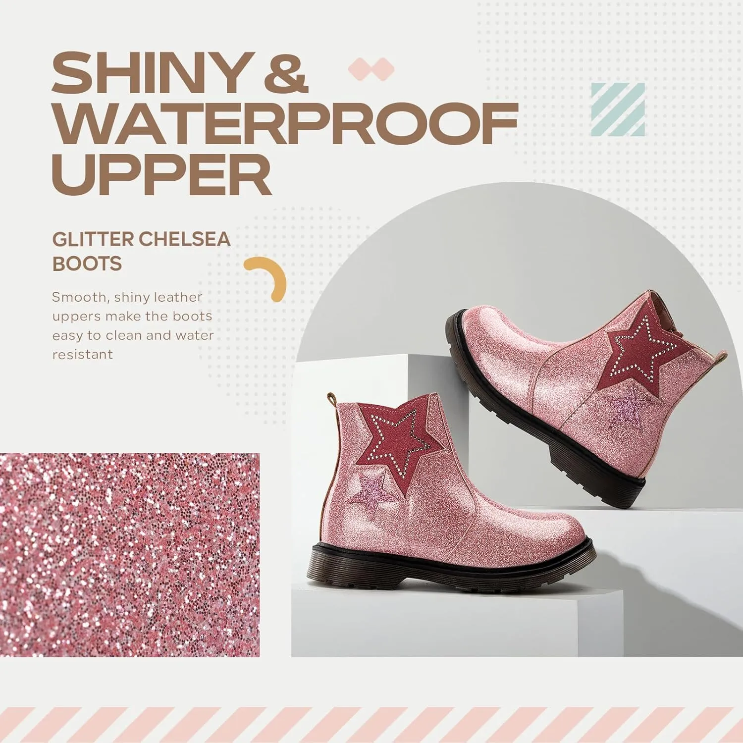 TZJS Girls Ankle Boots Girl's Glitter Chelsea Boot Kids Warm Low Heel Short Booties Girl Outdoor Shoes with Side Zipper for Toddler/Little Kid