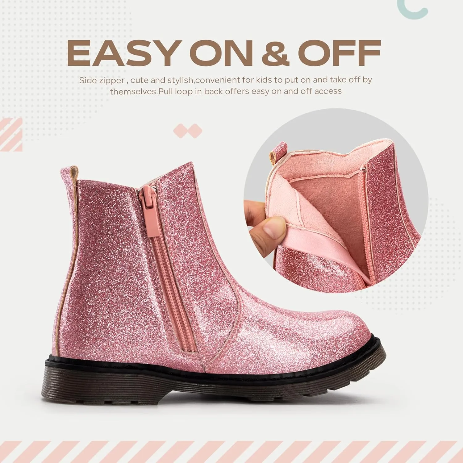 TZJS Girls Ankle Boots Girl's Glitter Chelsea Boot Kids Warm Low Heel Short Booties Girl Outdoor Shoes with Side Zipper for Toddler/Little Kid