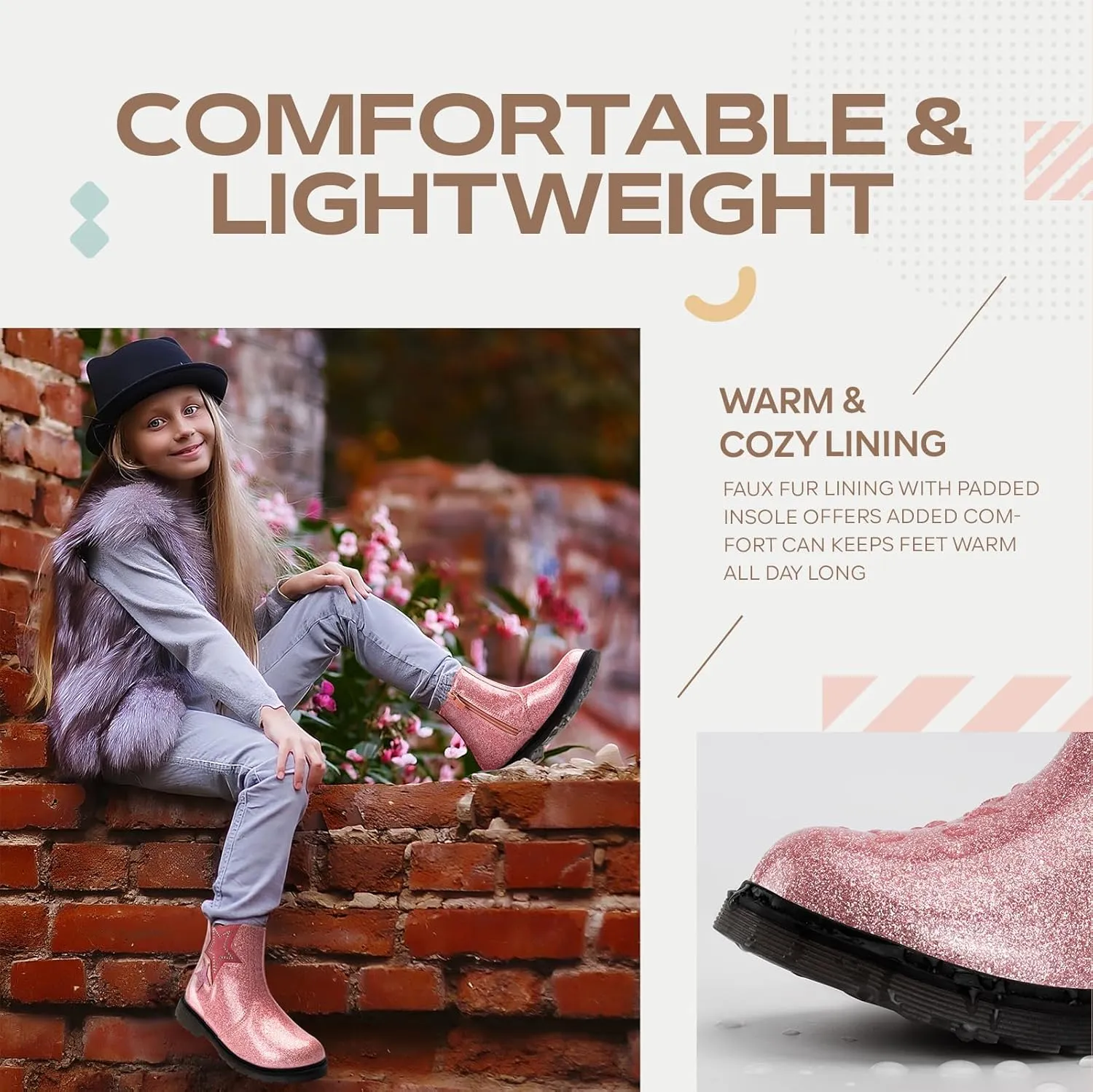 TZJS Girls Ankle Boots Girl's Glitter Chelsea Boot Kids Warm Low Heel Short Booties Girl Outdoor Shoes with Side Zipper for Toddler/Little Kid