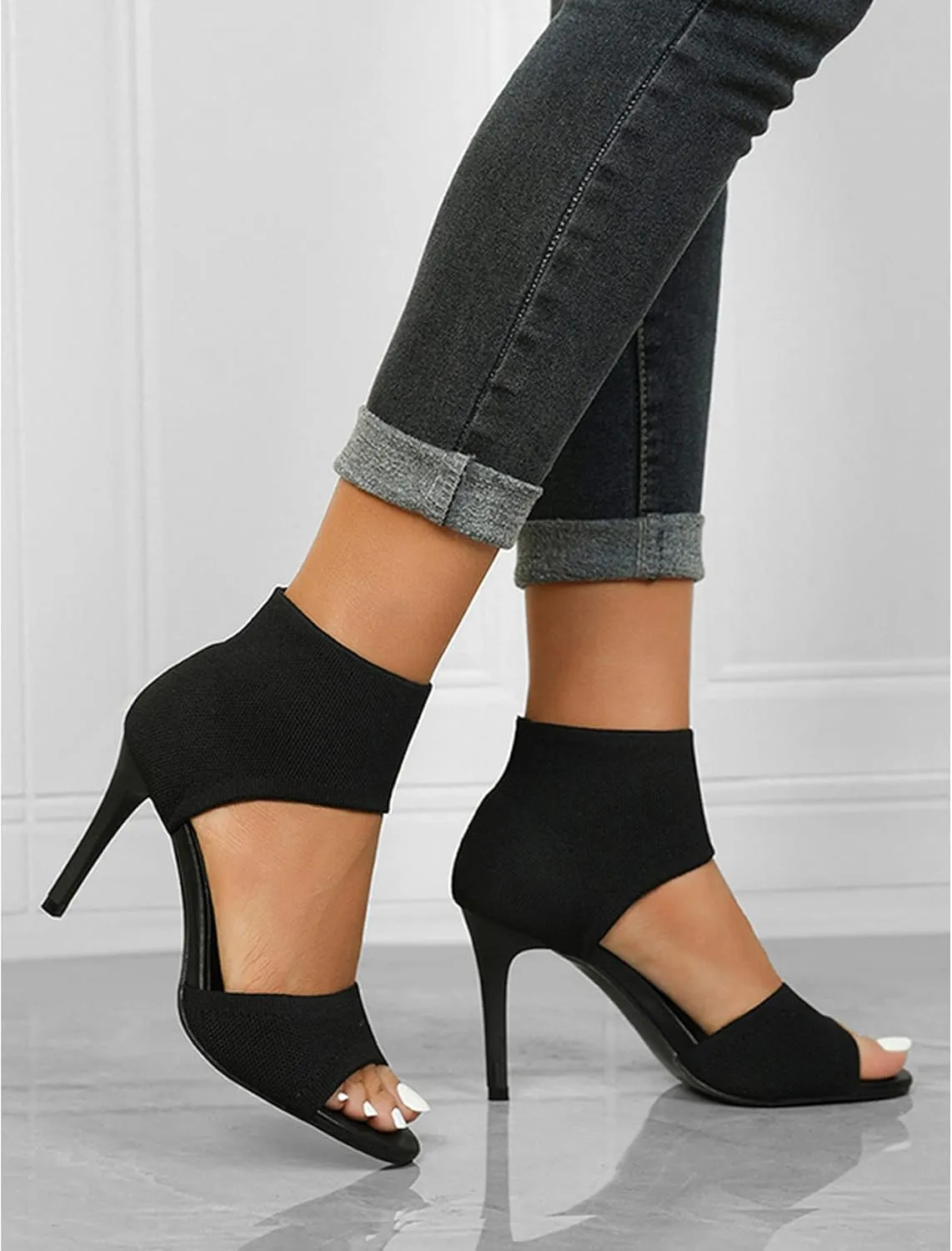 Unimaglif Womens Peep Toe Stiletto Heeled Sandals Breathable Knitted Upper Open Toe High Heels For Dressy Summer