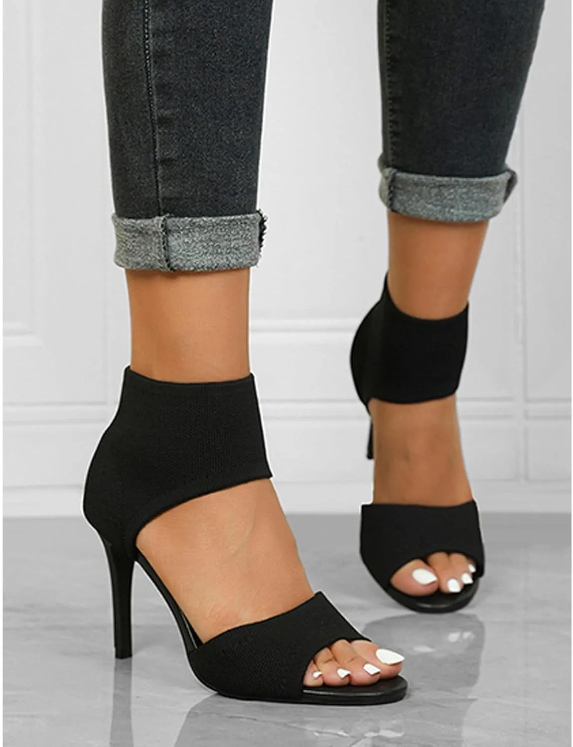 Unimaglif Womens Peep Toe Stiletto Heeled Sandals Breathable Knitted Upper Open Toe High Heels For Dressy Summer