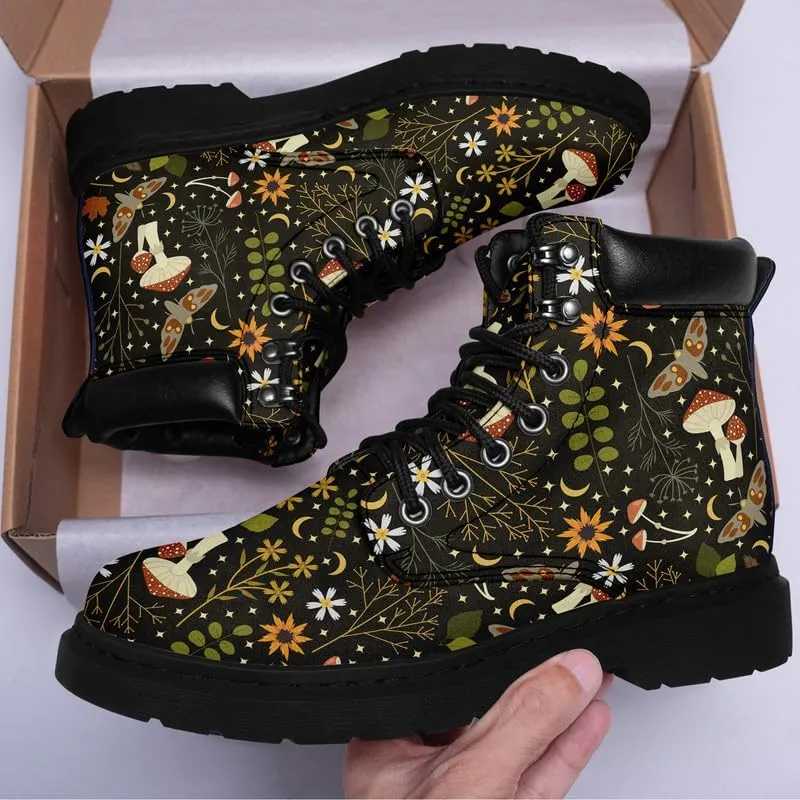 Unisex Mid-top Combat Boots for Men Women Lightweight Fashion Flower Ankle Boots Non-Slip Lace-Up Bootie for Girl