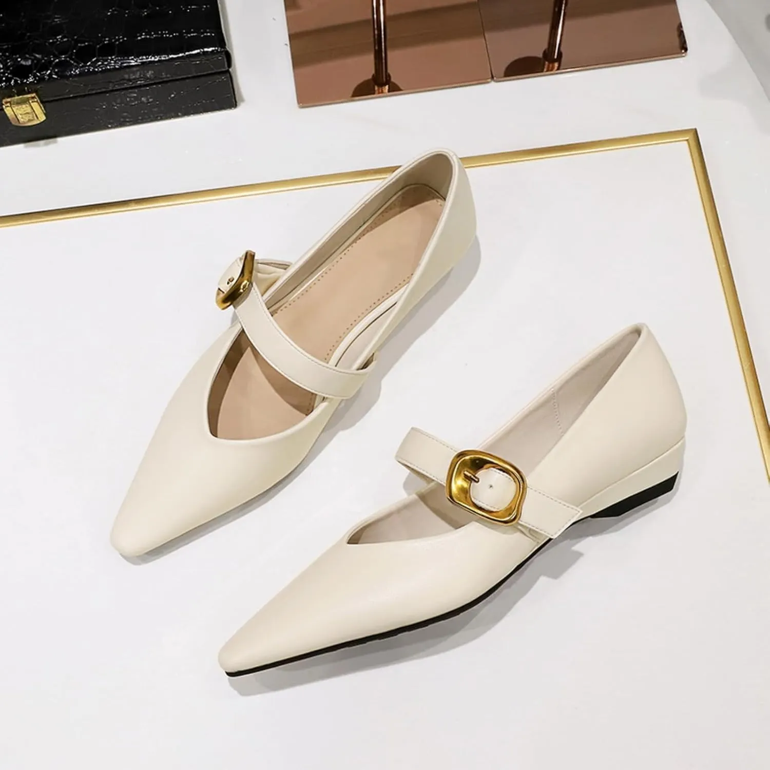 Women's 1 Inch Pointy Toe Mary Janes Flats One Strap Buckle Cute Leather Ballet Flat Shoes for Women Low Heeled Wedge Slip On Solid Work Flats Dress Comfortable
