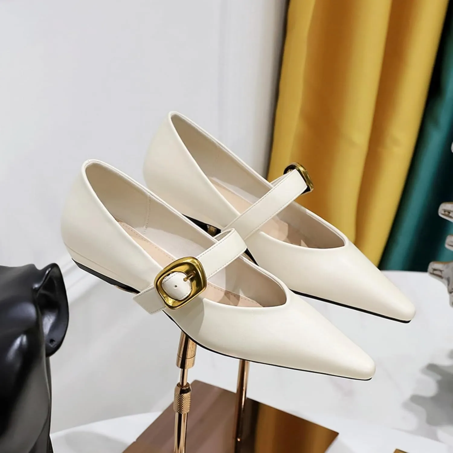 Women's 1 Inch Pointy Toe Mary Janes Flats One Strap Buckle Cute Leather Ballet Flat Shoes for Women Low Heeled Wedge Slip On Solid Work Flats Dress Comfortable