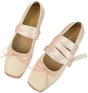 Women's Ballet Flats Shoes Tie Leg Satin Silk Ballet Flats Woman Square Toe Bowknot Elastic Ladies Wedding Floral Shoes