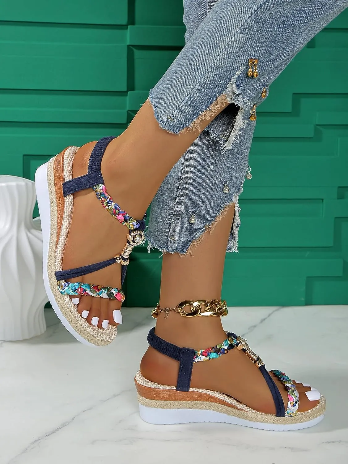 Women's Beige Woven Wedge Sandals – Braided Ankle Strap with Chain Accent – Eco-Chic Summer Casual Shoes