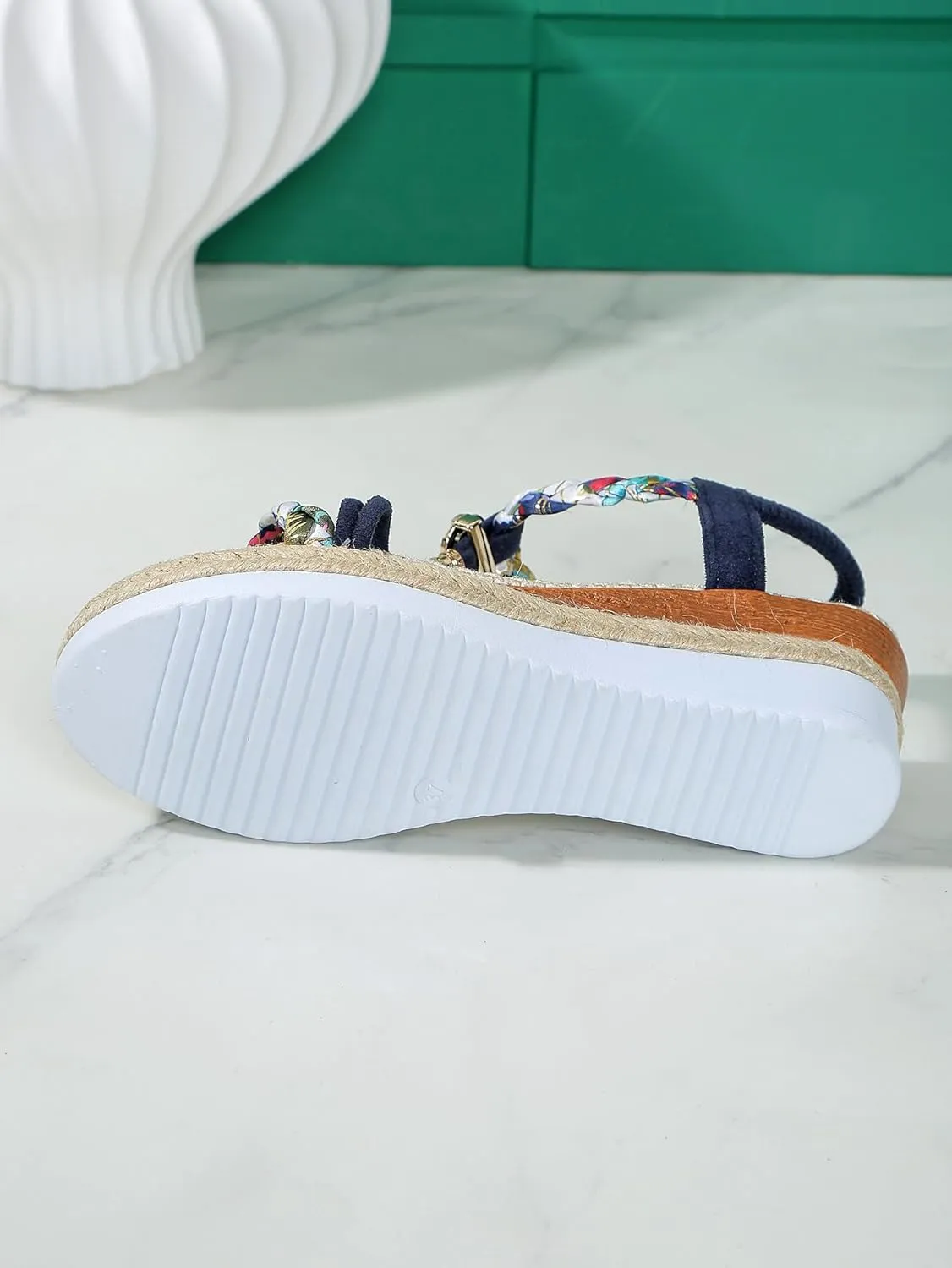 Women's Beige Woven Wedge Sandals – Braided Ankle Strap with Chain Accent – Eco-Chic Summer Casual Shoes