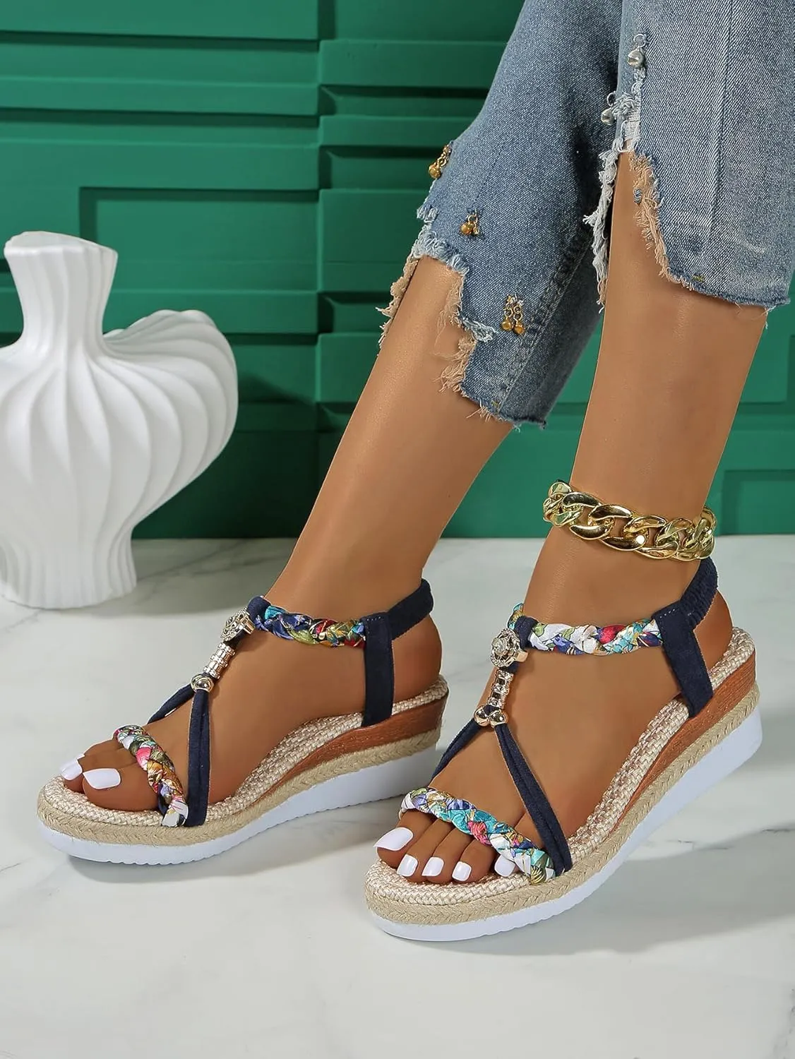 Women's Beige Woven Wedge Sandals – Braided Ankle Strap with Chain Accent – Eco-Chic Summer Casual Shoes