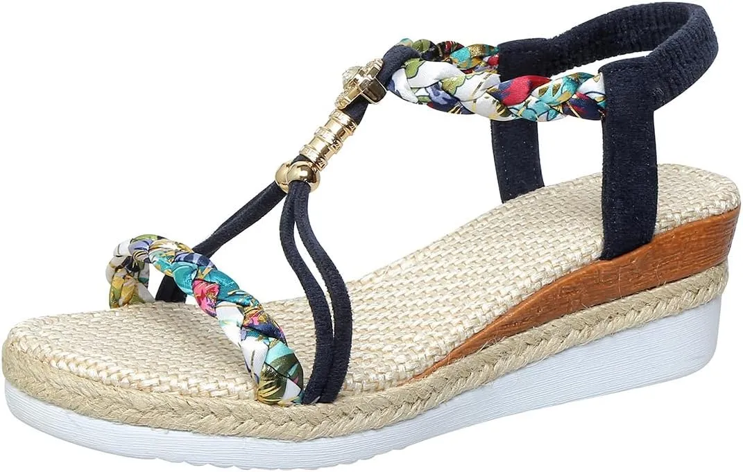 Women's Beige Woven Wedge Sandals – Braided Ankle Strap with Chain Accent – Eco-Chic Summer Casual Shoes
