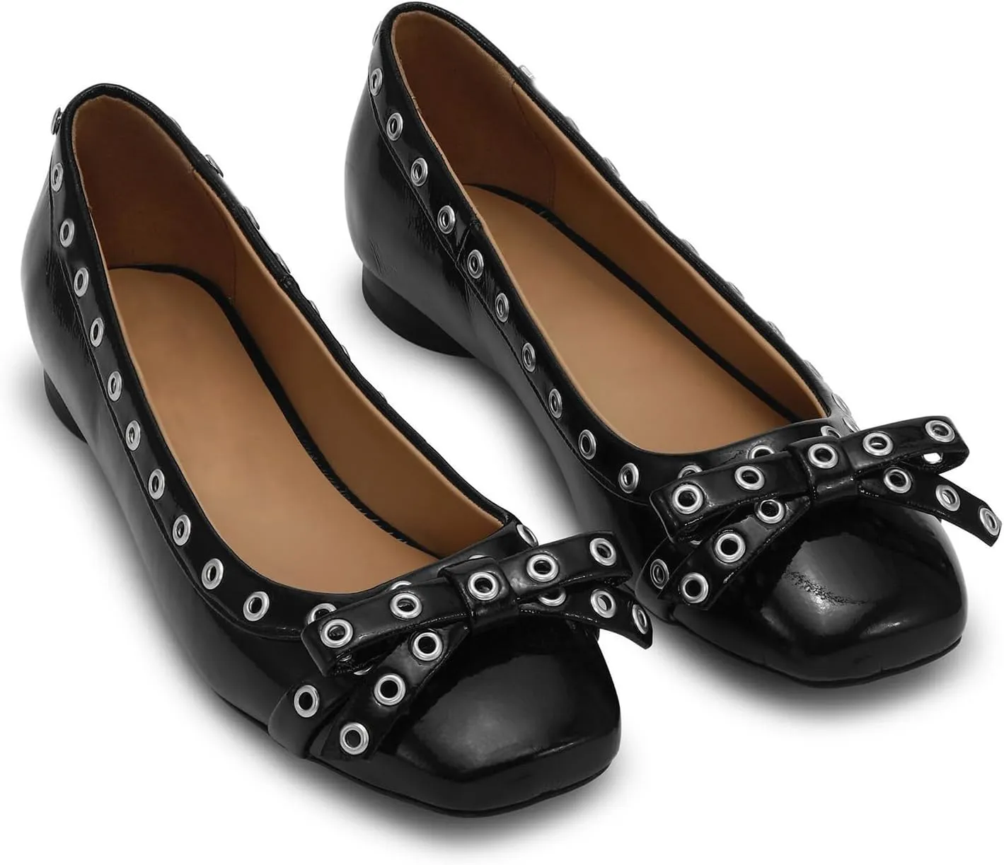 Womens Bows Slip On Ballet Flats, Leather Comfortable Closed Square Toe Perforated Studded Shoe for Dressy Work Casual